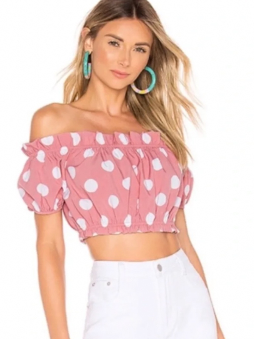Superdown Aiden Off the Shoulder Pink White cropped puff sleeves Top Small